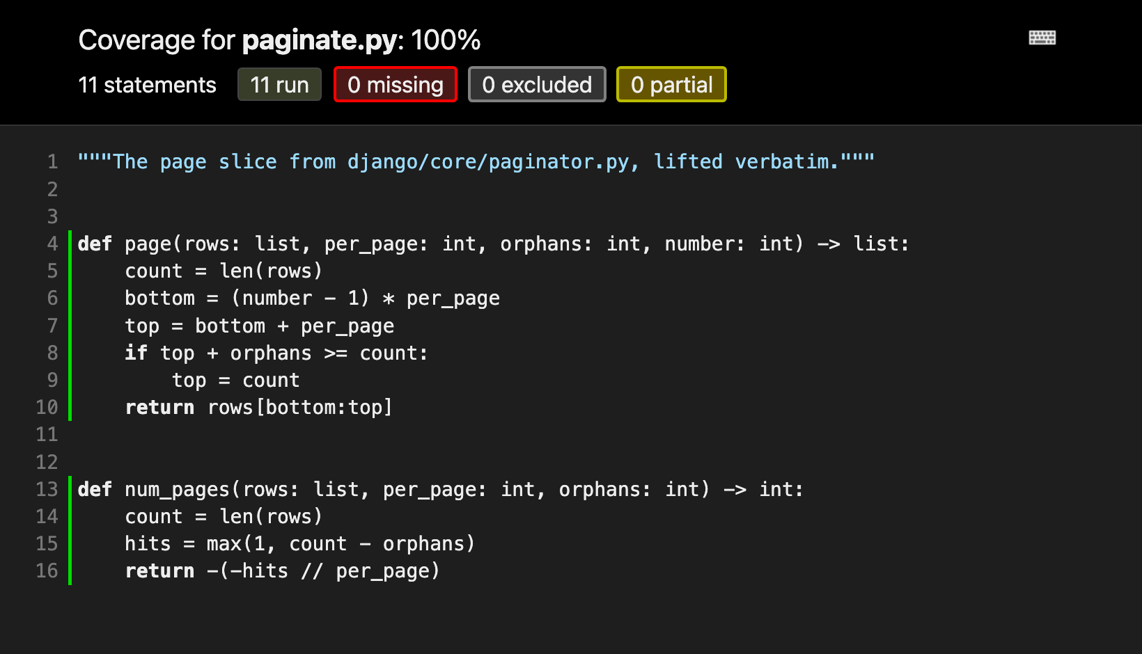 coverage report for the paginator slice at 100 percent, 11 statements, 11 run, 0 missing, 0 partial