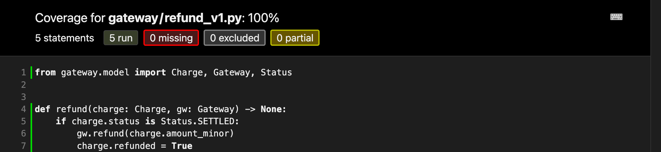 coverage report for refund_v1.py: 100%, 5 statements, 5 run, 0 missing, 0 partial